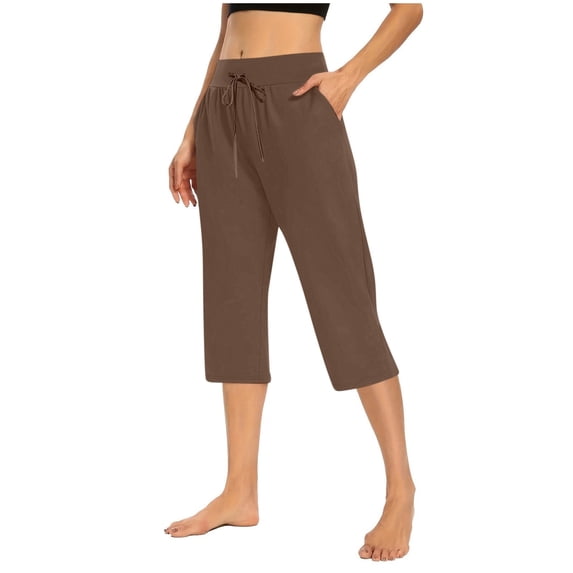 Cropped Wide Leg Pants for Women Wide Leg Yoga Capris, Women Casual Summer Drawstring Cropped Pants, Comfy Workout Jogger Capris Trousers with Pockets Brown S