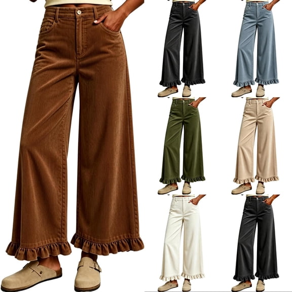 Cropped Wide Leg Pants for Women Corduroy High Waist Loose Fit Ruffle Hem Button Closure Side Pockets Spring Casual Womens Cropped Trousers