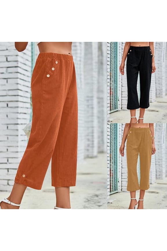 Cropped Wide Leg Trousers, Casual Loose Fit Pants with Pockets and Button Decorate, Solid Color Work Pants Slacks for Women, Business Casual Office Style Gifts | CSEONE,Black XL