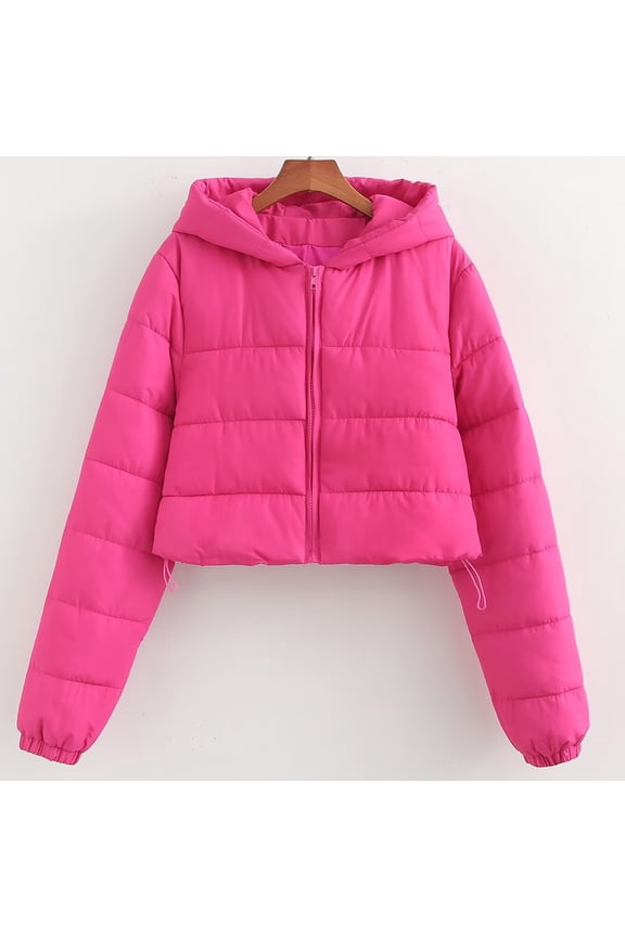 Cropped Winter Coats for Juniors Y2K Puffer Jacket Full Zip Up Warm Down Jacket with Hood