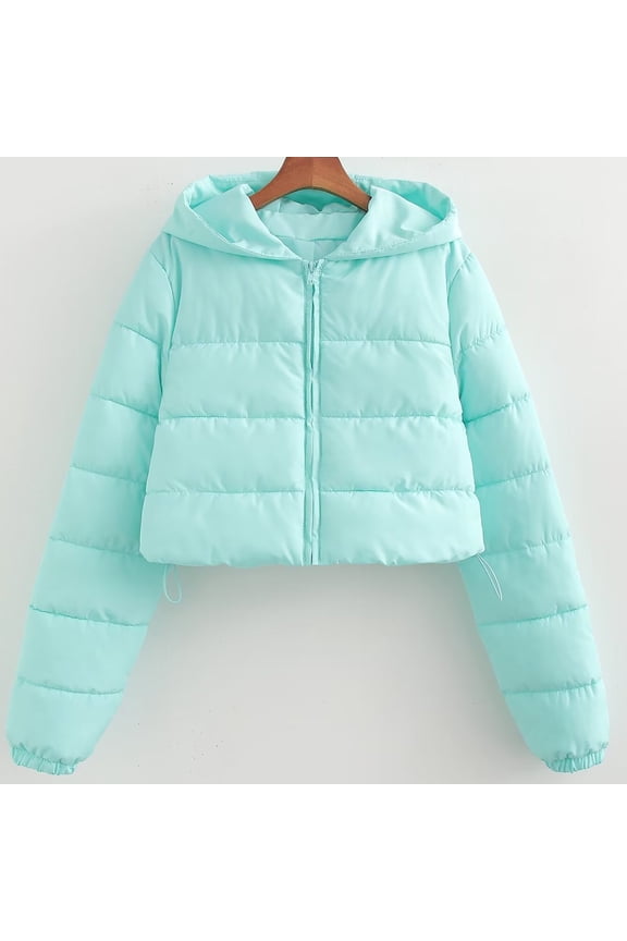 Cropped Winter Coats for Juniors Y2K Puffer Jacket Full Zip Up Warm Down Jacket with Hood