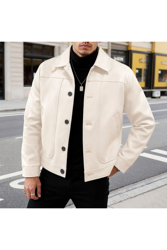 Cropped Wool Jackets for Men Casual Shirt Jacket Button Down Cardigan Lapel Collar Blouse with Pockets