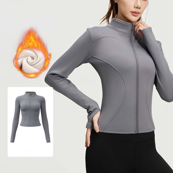 Cropped Workout Jackets for Women Fleece Lined Long Sleeve Zipper High Stretch Coat Gray 2XL