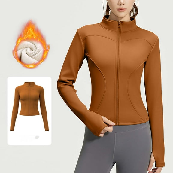 Cropped Workout Jackets for Women Fleece Lined Long Sleeve Zipper High Stretch Coat Red L