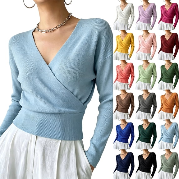 Cropped Wrap Front Knit Pullover For Women Long Sleeve V Neck Fitted Sweater M