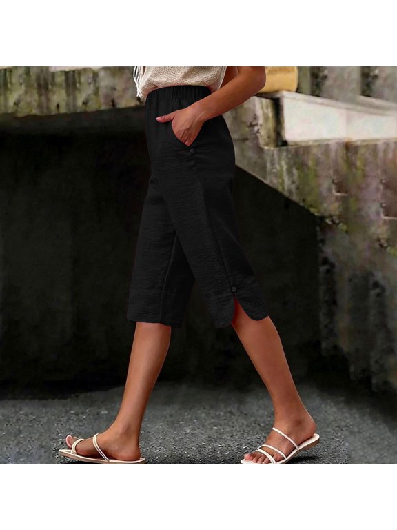 Cropped Yoga Capris for Women Ladies Summer Casual Capris Solid Color Loose Fitting Cropped Pants with Pockets for Beach Travel Black XL