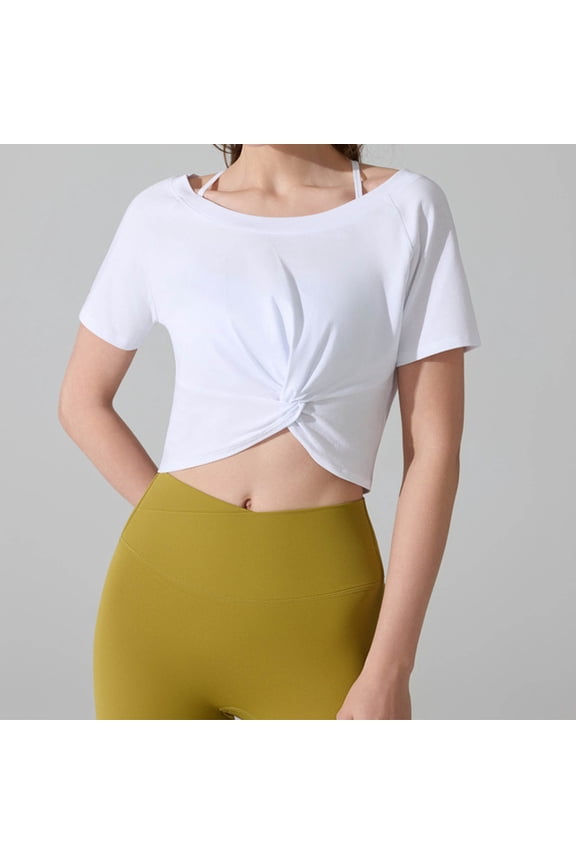 Cropped Yoga Tops for Women Short Sleeve Tshirts Womens Crew Neck One Shoulder Knot Pullover Tees for Running Workout Gifts for Mom