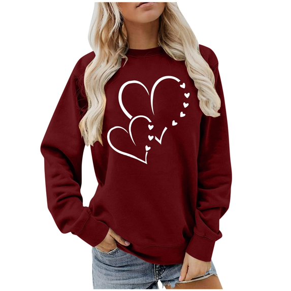 Cropped Zip Up Hoodie Women Winter Fall Loose Crew Neck Long Sleeve Puff Drop Shoulder Zipperless Heart Print Pullover Ribbed Knit Sweatshirt(Wine,L)