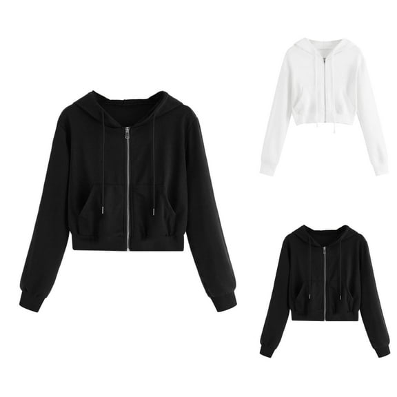Cropped Zip Up Hoodie for Women 2025 Long Sleeve Plain Casual Hooded Sweatshirt with Pockets Jacket Coat