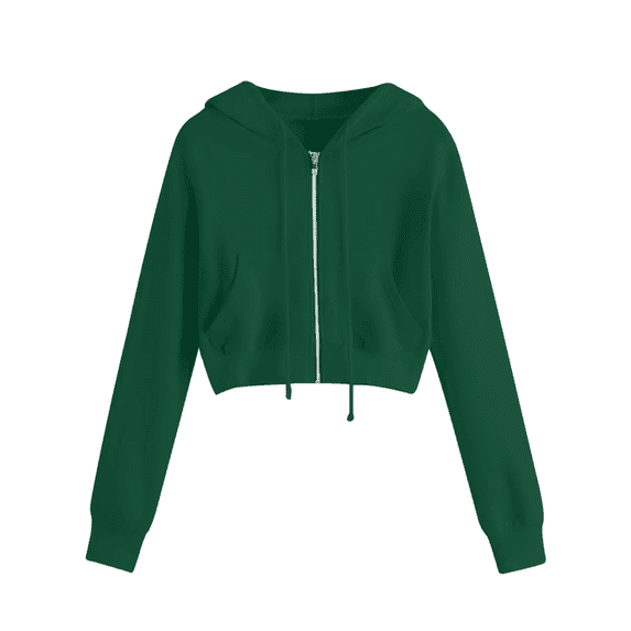 Cropped Zip Up Hoodie for Women Long Sleeve Casual Sweatshirt Cropped Jackets Outwear Workout Drawstring with Pockets
