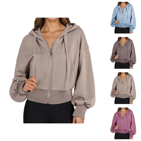 Cropped Zip Up Hoodie for Women Long Sleeve Full Zipper High Pockets Hoodies Hooded Sweatshirt Hoodie Women Jacket