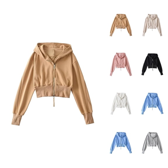 Cropped Zip Up Hoodies for Women 2025 Fall Winter Long Sleeve High Waist Hooded Sweatshirt Jacket Coat