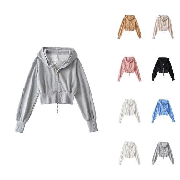 Cropped Zip Up Hoodies for Women 2025 Fall Winter Long Sleeve High Waist Hooded Sweatshirt Jacket Coat