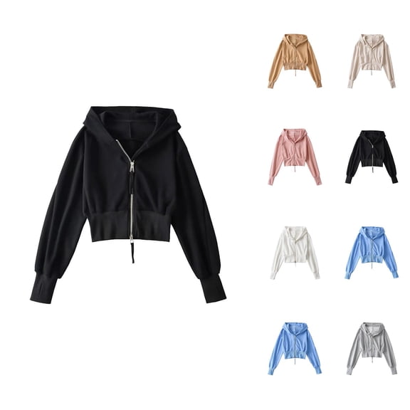 Cropped Zip Up Hoodies for Women 2025 Fall Winter Long Sleeve High Waist Hooded Sweatshirt Jacket Coat