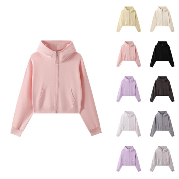 Cropped Zip Up Hoodies for Women Fall Winter Long Sleeve Heavyweight Plain Hooded Sweatshirt with Pockets Crop Tops