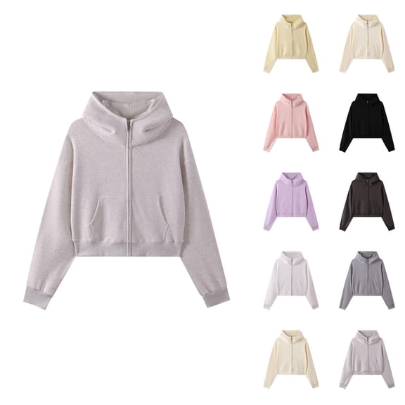Cropped Zip Up Hoodies for Women Fall Winter Long Sleeve Heavyweight Plain Hooded Sweatshirt with Pockets Crop Tops