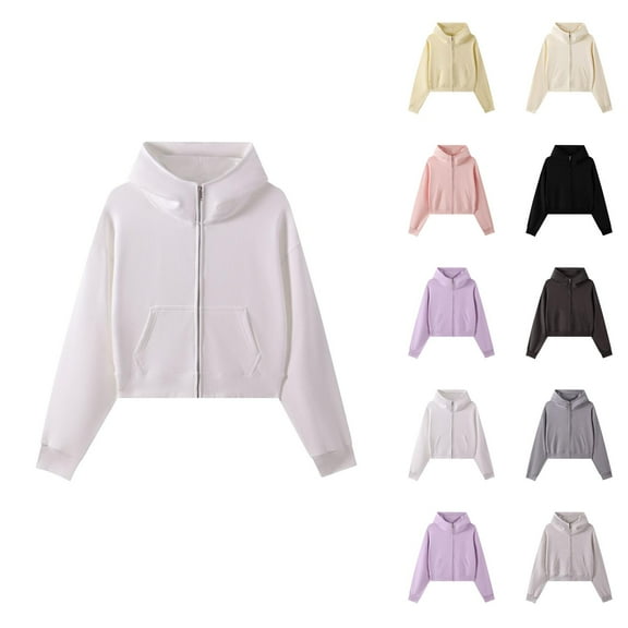 Cropped Zip Up Hoodies for Women Fall Winter Long Sleeve Heavyweight Plain Hooded Sweatshirt with Pockets Crop Tops