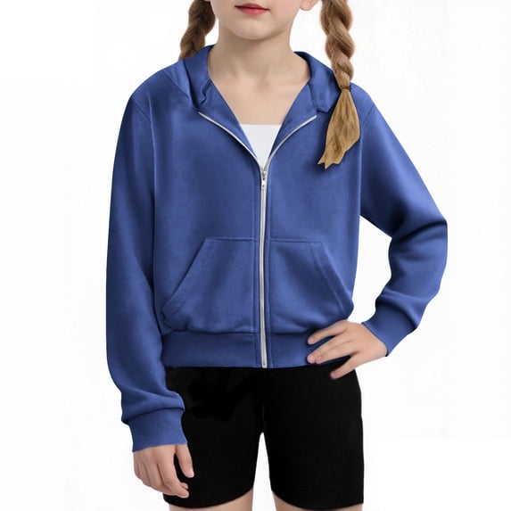 Cropped Zip up Hooded Jacket for Girls Lightweight Fleece Sweatshirt Coat Sports Outerwear for Daily School Blue 9Y