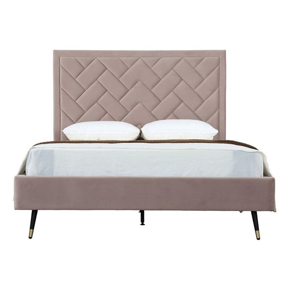 Blush Velvet Upholstered Queen Bed with Chevron Headboard