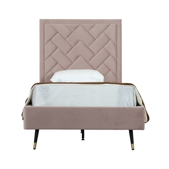 Crosby Upholstered Velvet Twin Bed Frame with Chevron Headboard for Bedroom, No Box Spring Needed, Solid Wood Slat Support