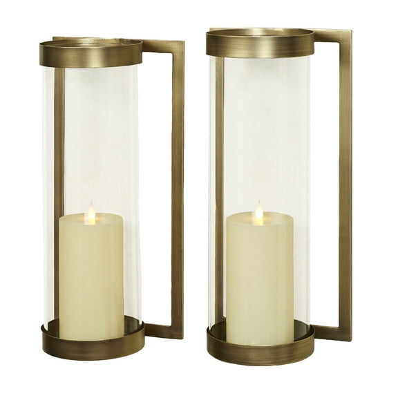 Crosce Satin Brass Metal Candle Wall Sconce Pair with Included Glass Hurricanes Large Pair