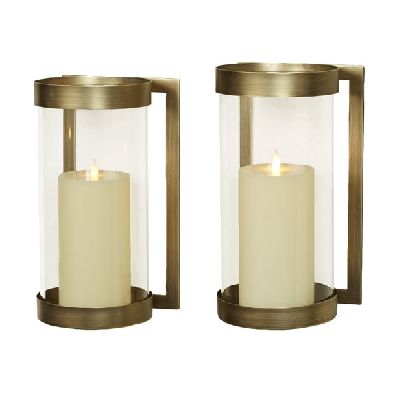 Crosce Satin Brass Metal Candle Wall Sconce Pair with Included Glass Hurricanes Small Pair