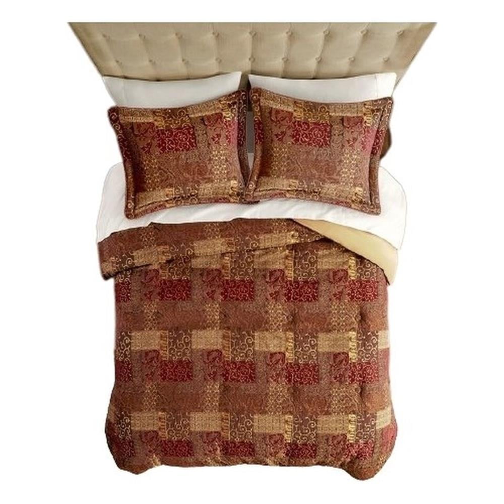 Queen Red Microfiber Patchwork Comforter Set with Shams and Bed Skirt