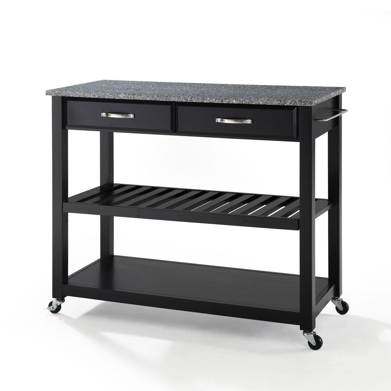 Black Granite Top Kitchen Cart with Wine Rack and Storage