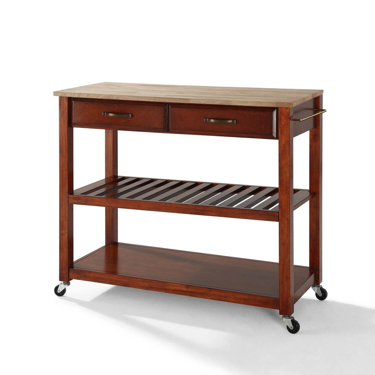 Natural Wood Top Mobile Kitchen Cart with Storage and Wine Rack