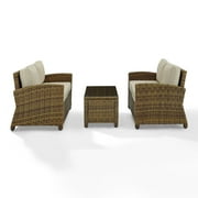 Crosley 3 Piece Bradenton Outdoor Loveseat Wicker Seating Set with Sand Cushions - Weathered Brown