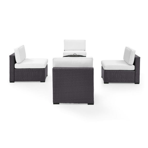BISCAYNE 4 PERSON OUTDOOR WICKER SEATING SET IN WHITE - FOUR ARMLESS CHAIRS, ASHLAND FIREPIT