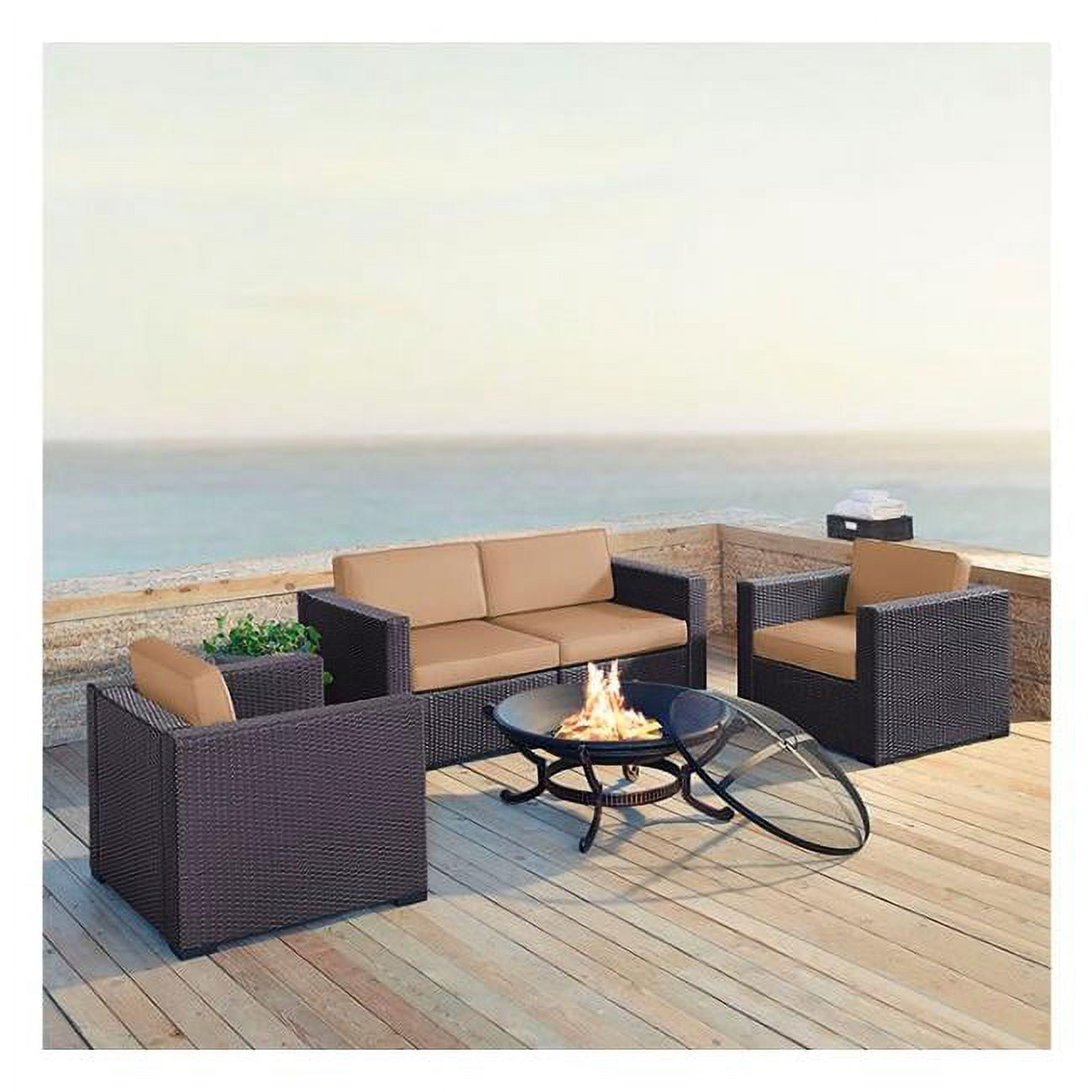 Crosley Biscayne 5 Piece Wicker Patio Fire Pit Sofa Set in Brown and