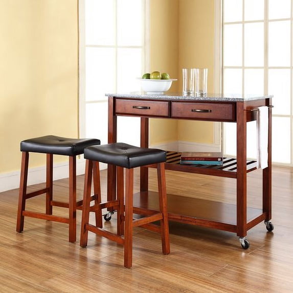 SOLID BLACK GRANITE TOP KITCHEN CART/ISLAND IN CLASSIC CHERRY FINISH WITH 24" CHERRY UPHOLSTERED SADDLE STOOLS