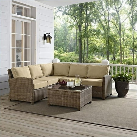 Crosley Bradenton 4Pc Outdoor Wicker Sectional Set Sangria/Weathered Brown - Right Corner Loveseat, Left Corner Loveseat, Corner Chair, & Sectional Glass Top Coffee Table-Color:Weathered Brown/Sand