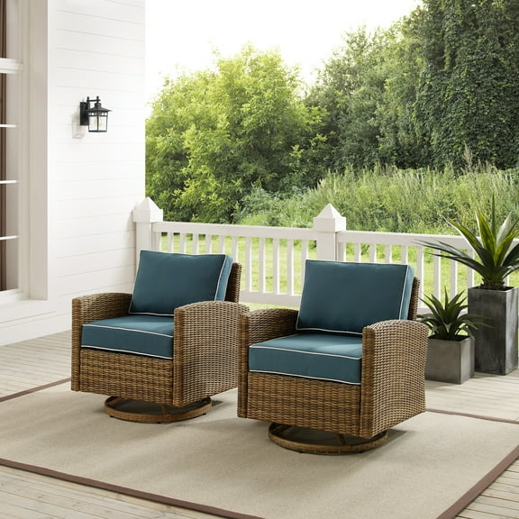 Crosley Bradenton Wicker Swivel Rocker Chair Set with Cushions, Navy/Weathered Brown (Set of 2)