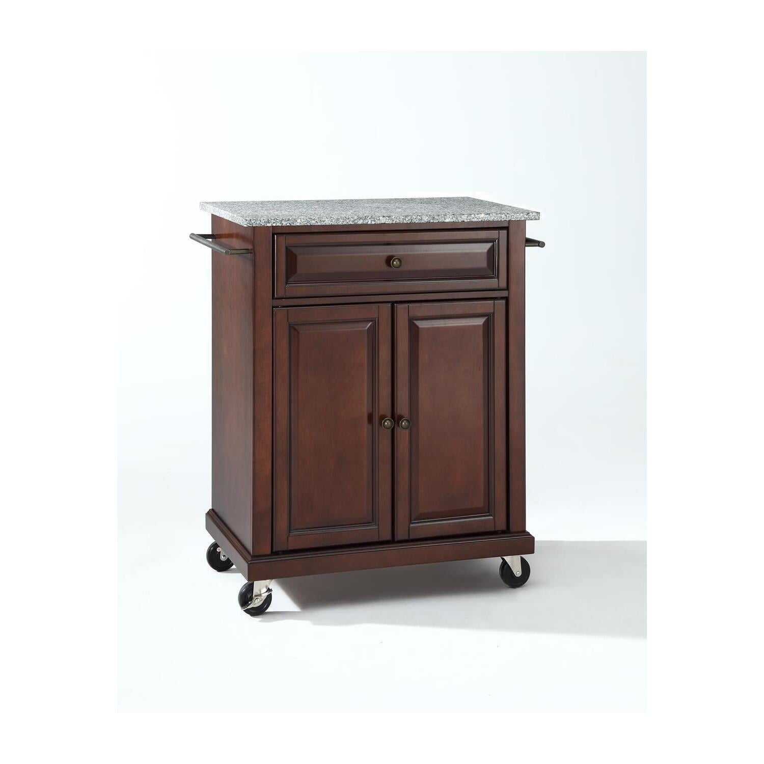 Compact Granite Top Mahogany Kitchen Cart with Ample Storage