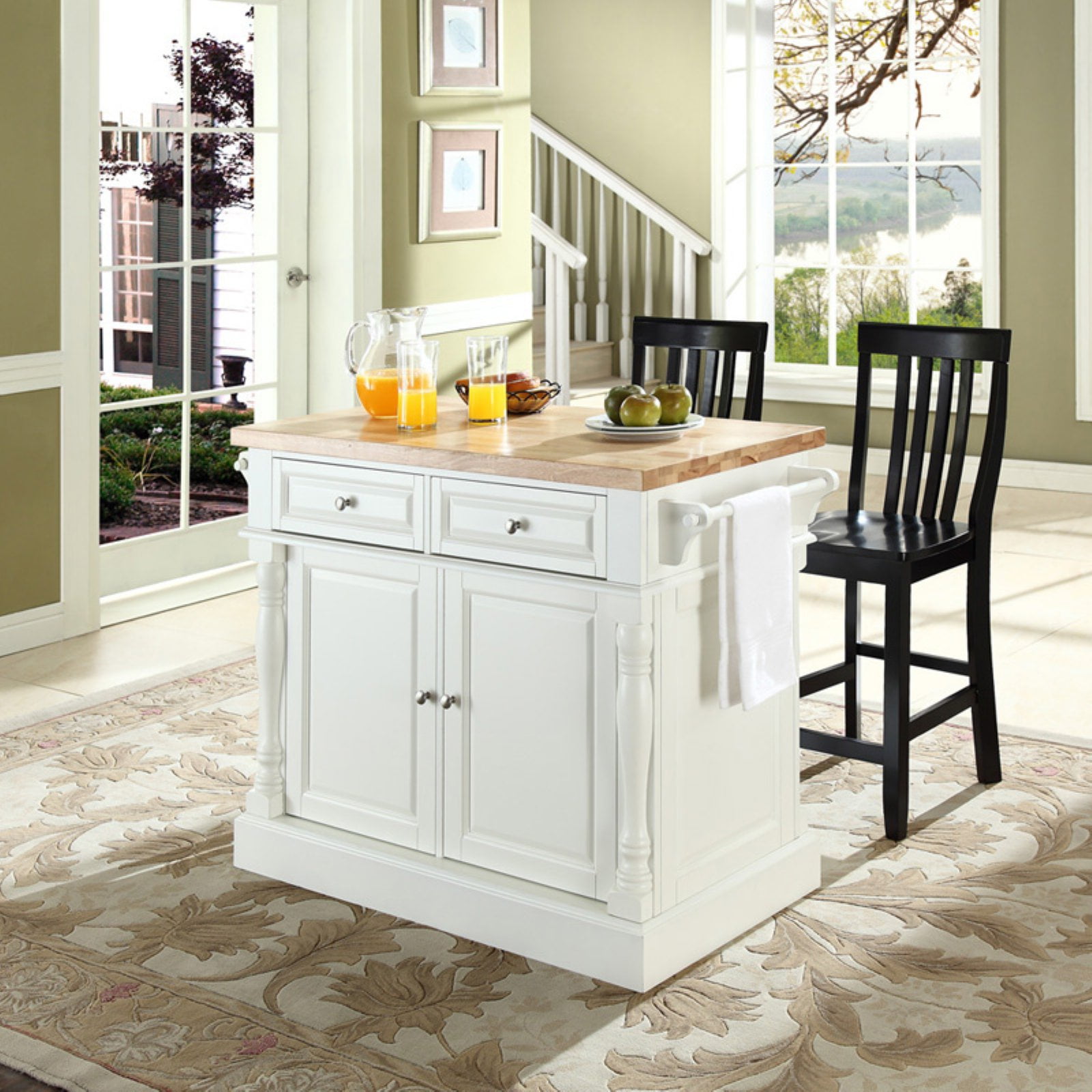 Crosley Butcher Block Top Kitchen Island In White Finish With 24" Black ...