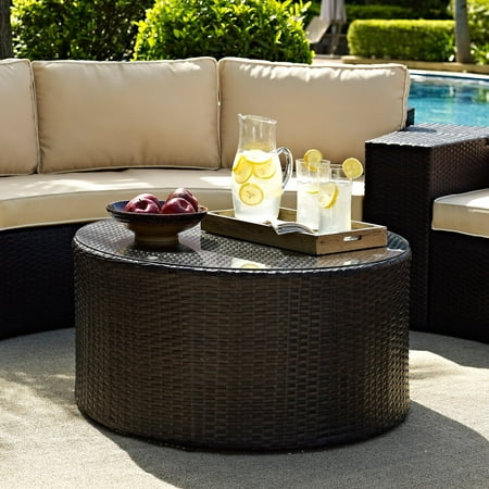 Crosley CO7121-BR Catalina Outdoor Wicker Round Glass Top Coffee Table, Brown