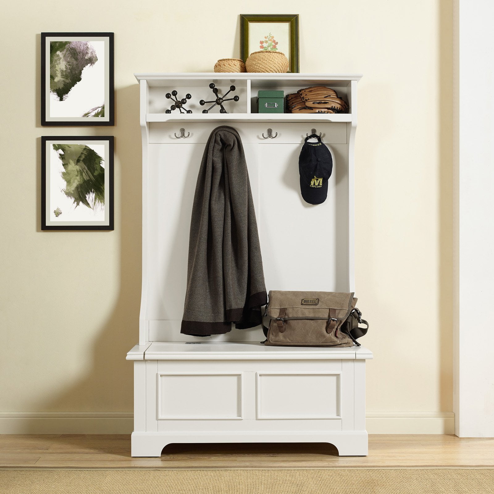White Hall Tree with Storage Bench and Hooks
