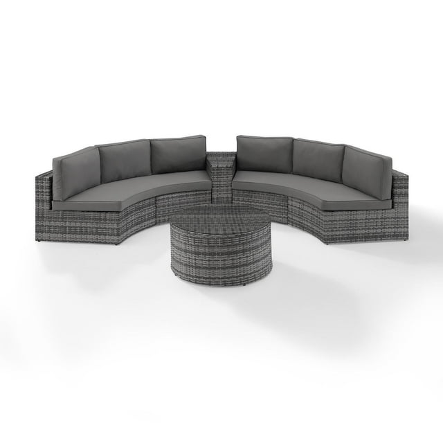 Crosley Catalina 4Pc Outdoor Wicker Sectional Set Gray/Gray - Arm Table, Round Glass Top Coffee Table, & 2 Round Sectional Sofas