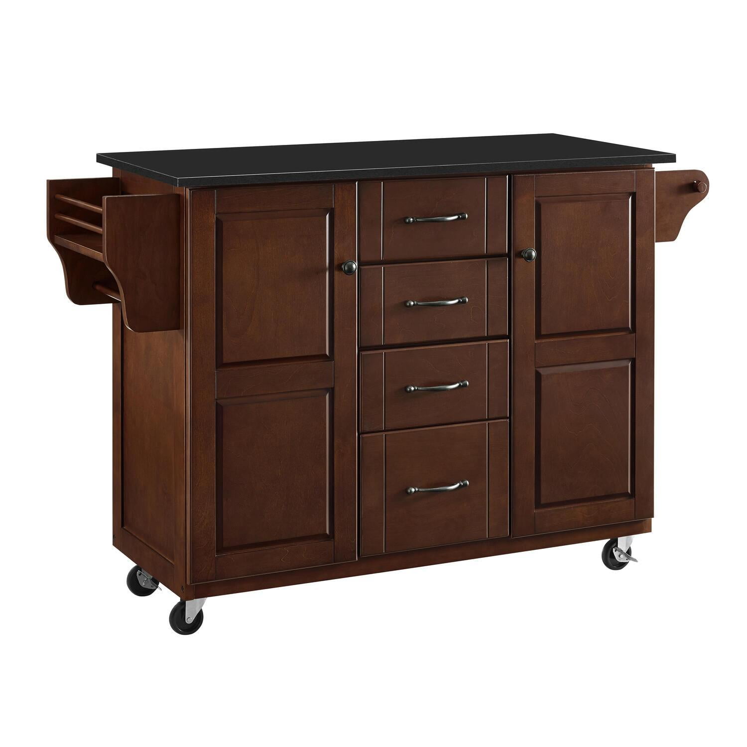 Eleanor Mahogany Kitchen Cart with Black Granite Top and Spice Rack