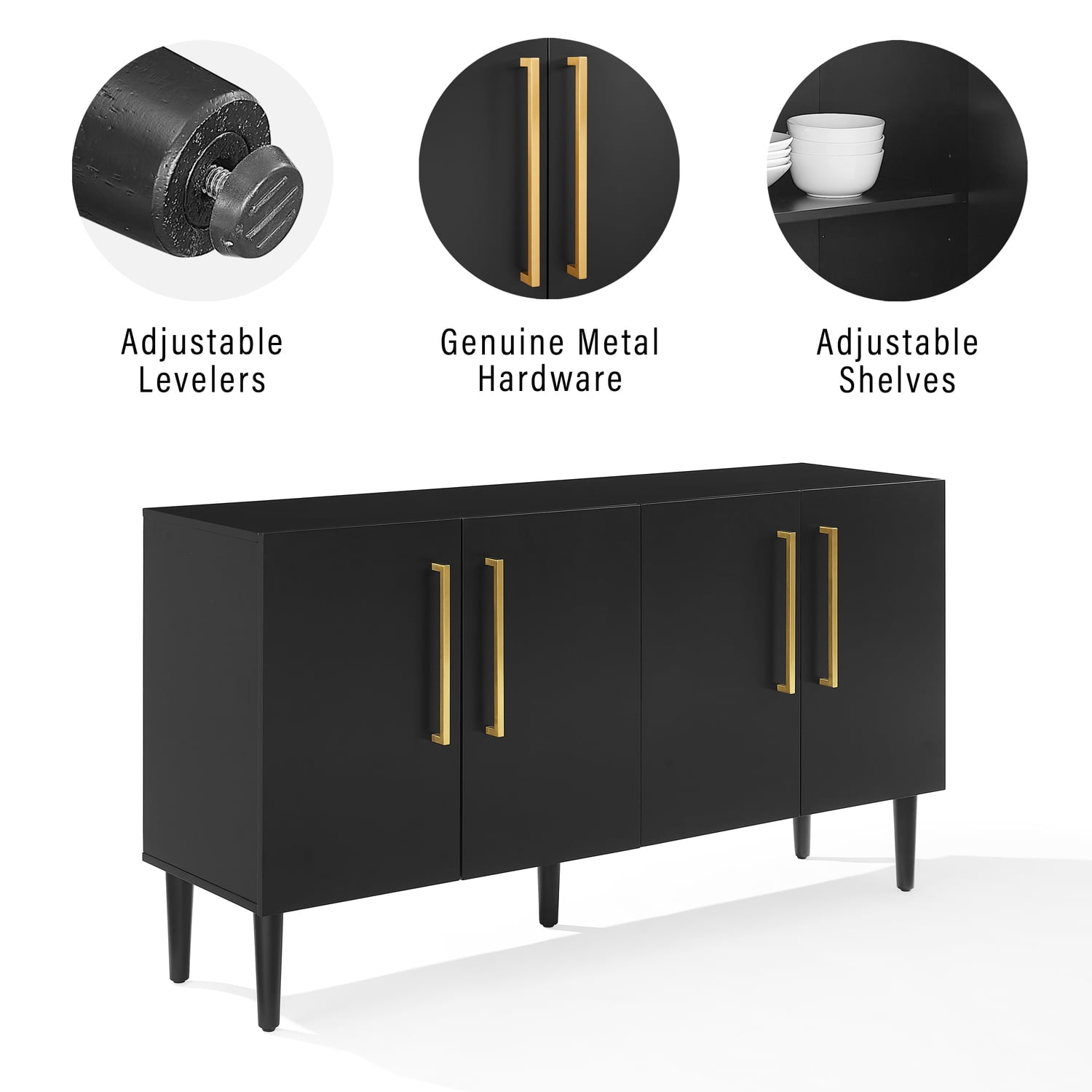 Everett Matte Black Mid-Century Sideboard with Tapered Legs