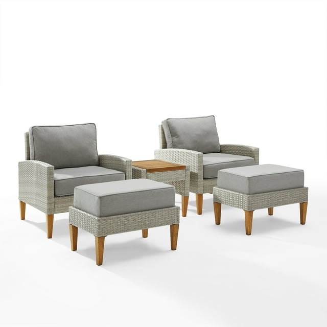 Crosley Fruniture Capella 5Pc Outdoor Wicker Chair Set Gray/Acorn - Side Table, 2 Armchairs, & 2 Ottomans