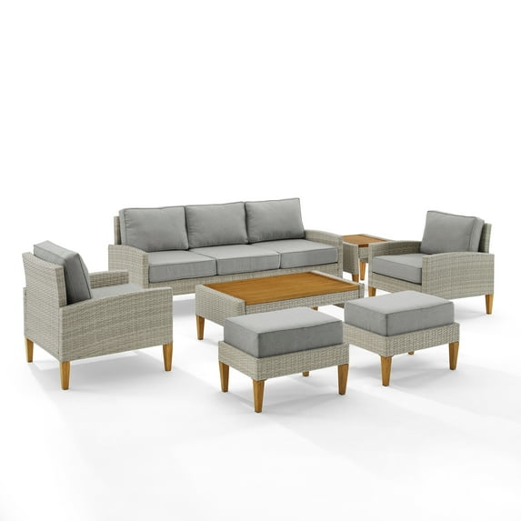 Crosley Fruniture Capella 7Pc Outdoor Wicker Sofa Set Gray/Acorn - Sofa, Coffee Table, Side Table, 2 Armchairs, & 2 Ottomans
