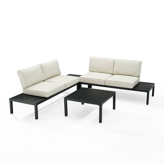 Crosley Fruniture Piermont 4Pc Outdoor Metal Sectional Set Creme/Matte Black - Left Side Loveseat, Right Side Loveseat, Coffee Table & Corner Side Table