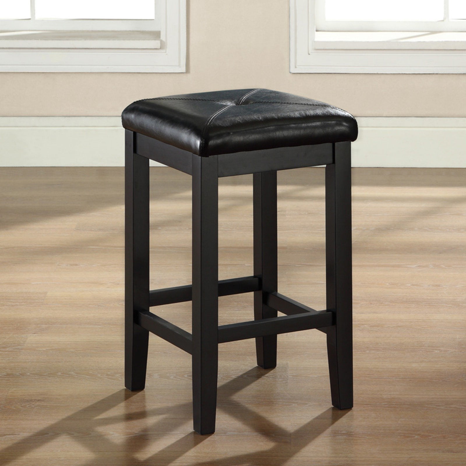 Elegant Backless Black Leather Wood Counter Stool, Set of 2