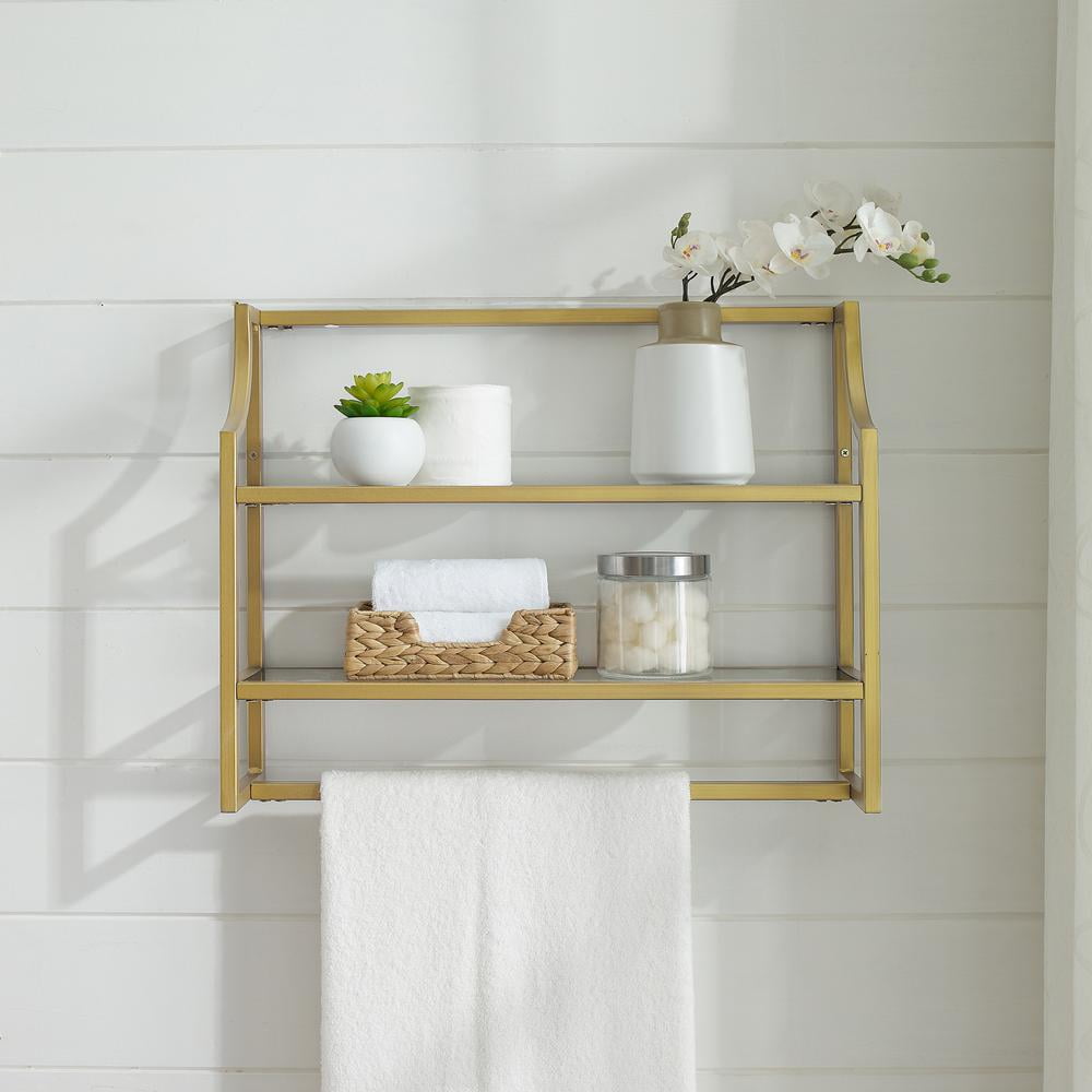Soft Gold Sculptured Steel and Glass 28" Wall Shelf