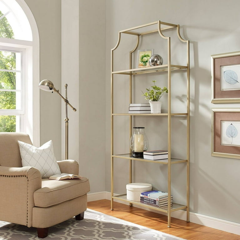 Crosley Furniture Aimee 4 Shelf Glass Metal Etagere Bookcase in Antique Gold