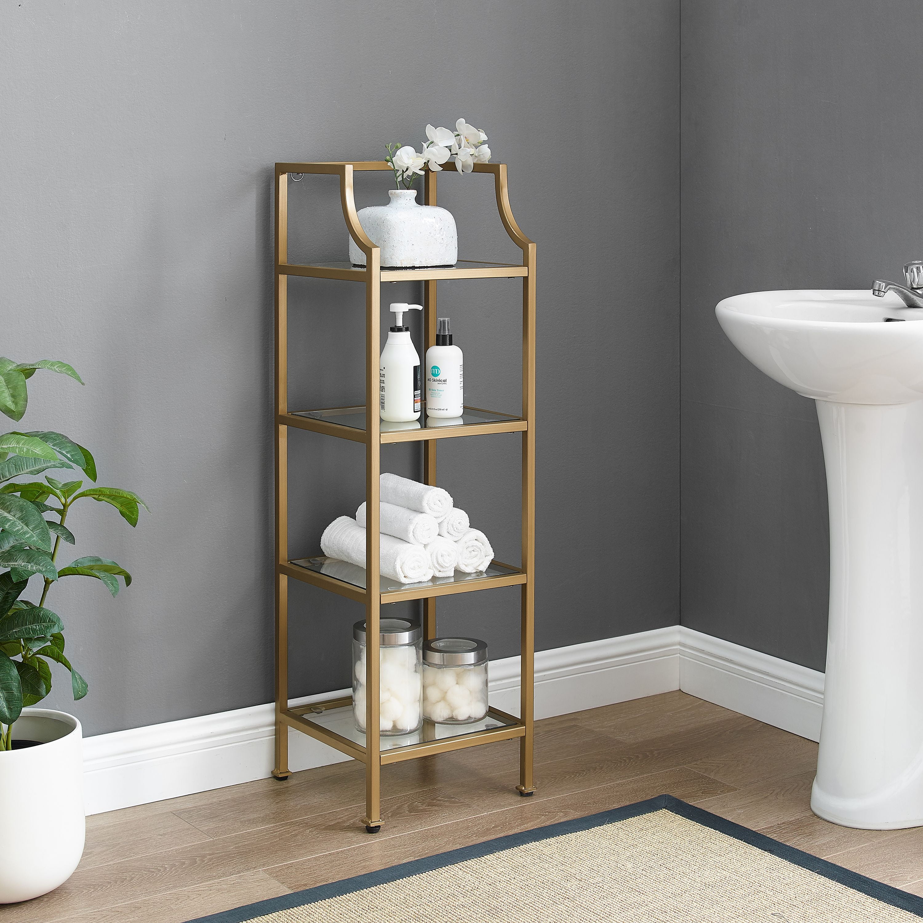 Sleek Soft Gold Steel and Glass 44" Short Etagere for Books