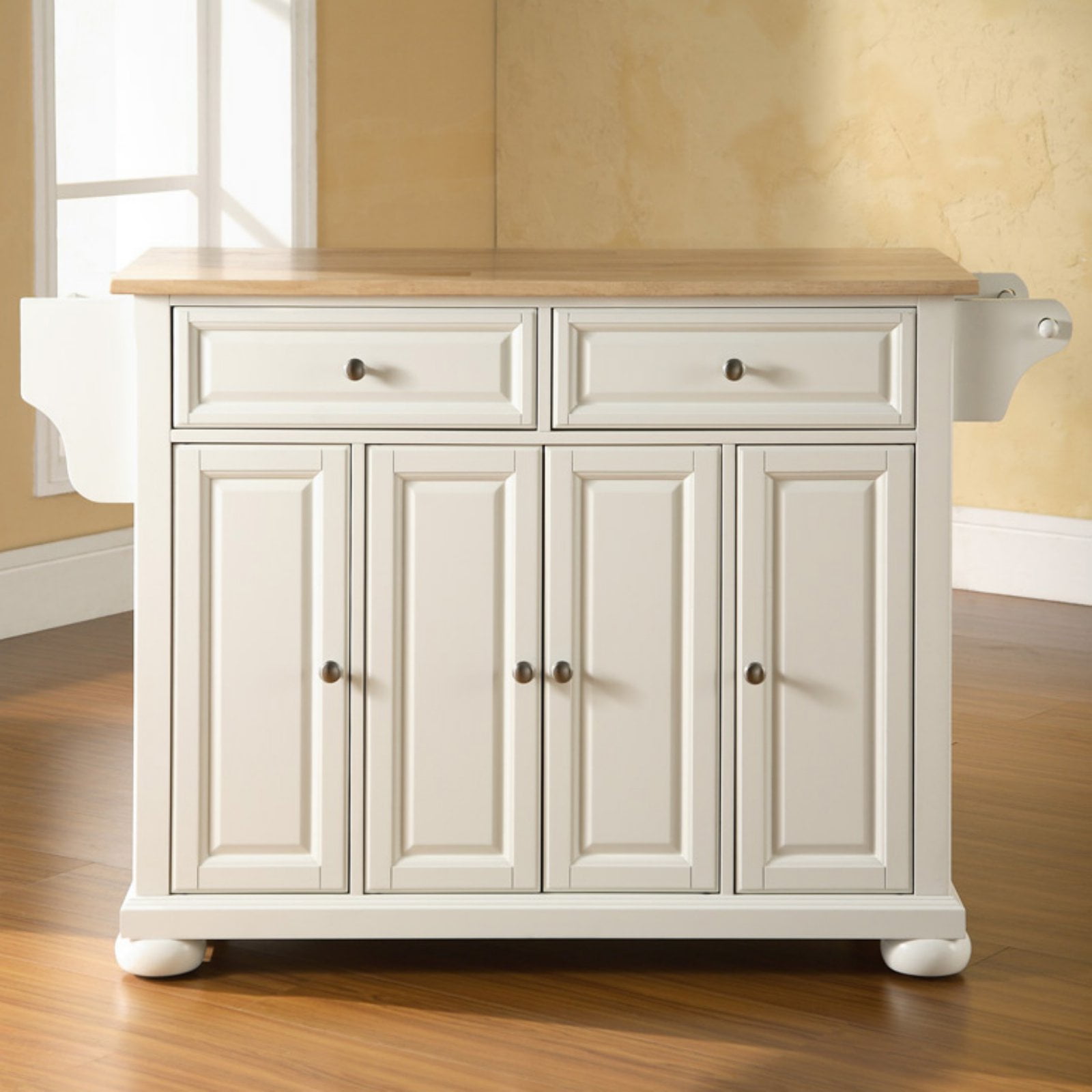 Alexandria Natural Wood Top White Kitchen Island with Storage